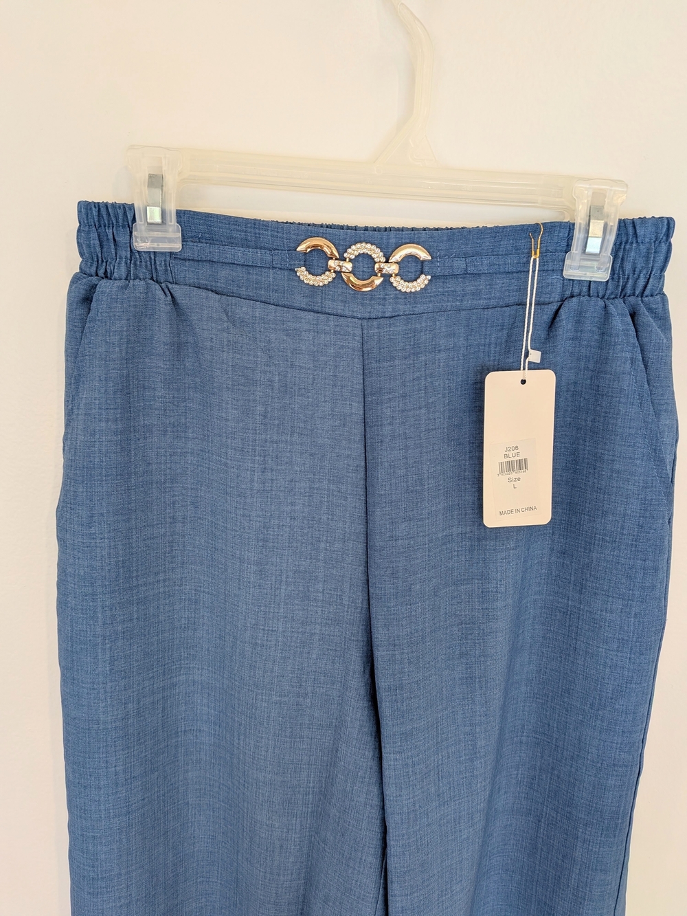 Women’s Blue Wide Leg Palazzo Pants L Fits M Lightweight Gold Rhinestone NWT - Picture 4 of 14